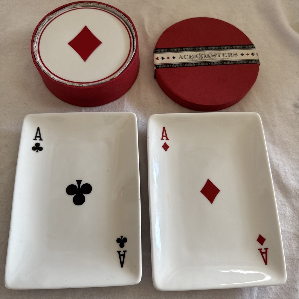Restoration Hardware Ace Coasters Set of 4 Playing Card Suits 2 Plates Ceramic